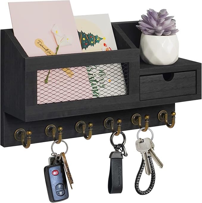 FifthQuarter Key and Mail Holder for Wall, Mail Organizer Wall Mount with 6 Hooks and Storage Drawer, Easy Installation Key Rack for Entryway and Home Decor (B-Black)