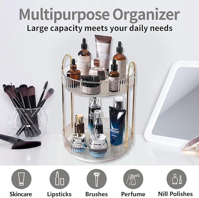 360 Rotating Makeup Organizer,2 Tier Large Capacity Make Up Organizers and Storage,Skincare Perfume Vanity Organizers,Bathroom Cosmetics Storage Organizer Countertop(Clear-2 Tier)-NeatNest