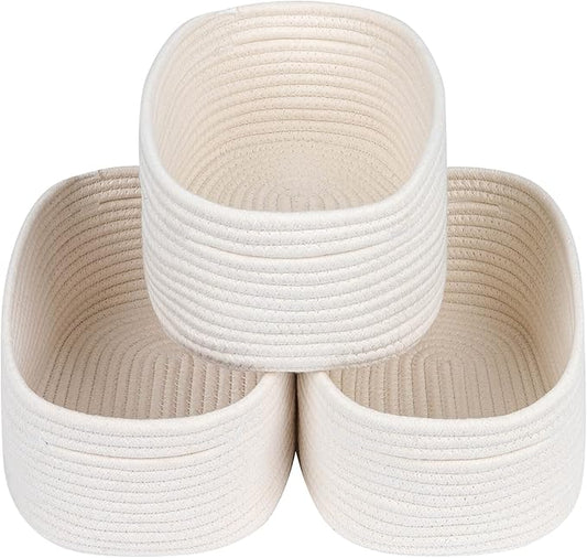 CubesLand Off White Small Storage Baskets for Shelves, Closet Organization Storage Bins Empty Gift Basket Baby Nursery Woven Baskets for Organizing, Rectangular Clothes Closet Shelves Baskets 3 Packs-NeatNest