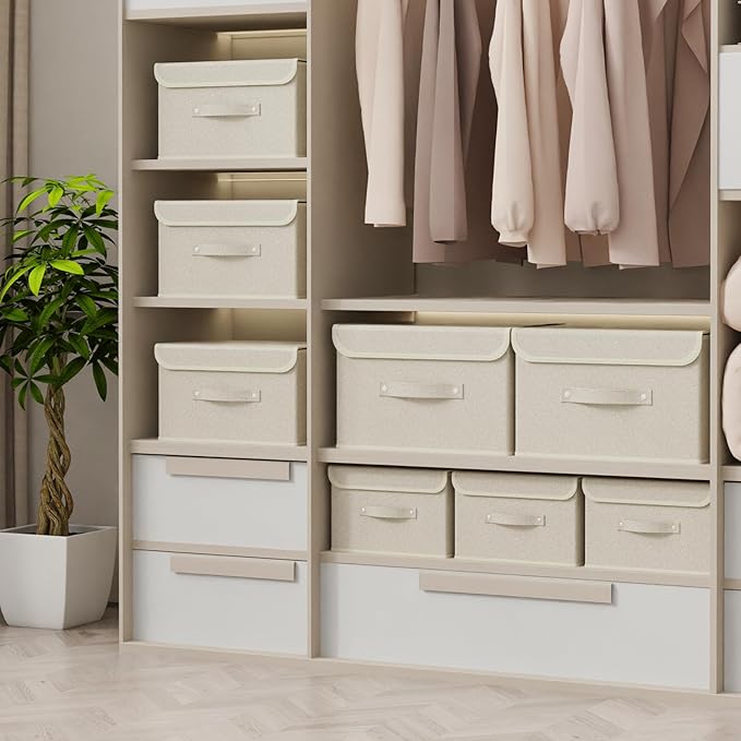 Fabric Storage Bins Cube Organizers with Flip-Top Lid and Handles,Storage Boxes for Organizing Home,Office,and Closet,Grey and Beige,3 Pack 10.2 X 7.9 X 6.7 in-NeatNest