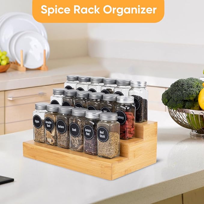 Bamboo Spice Rack Organizer for Cabinet 3 Tier Countertop Step Spice Shelf for Kitchen Storage and Organizer (2 Pack, Cabinet)-NeatNest