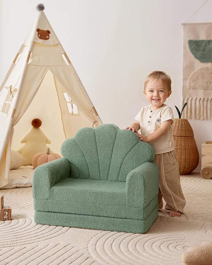Blissful Diary Kids Couch, 2-in-1 Soft Toddler Couch Fold Out, Toddler Chair Comfy, Convertible Sofa to Lounger, Kids Furniture for Playroom, Gift for Birthday, Children's Day, Green Shell-NeatNest