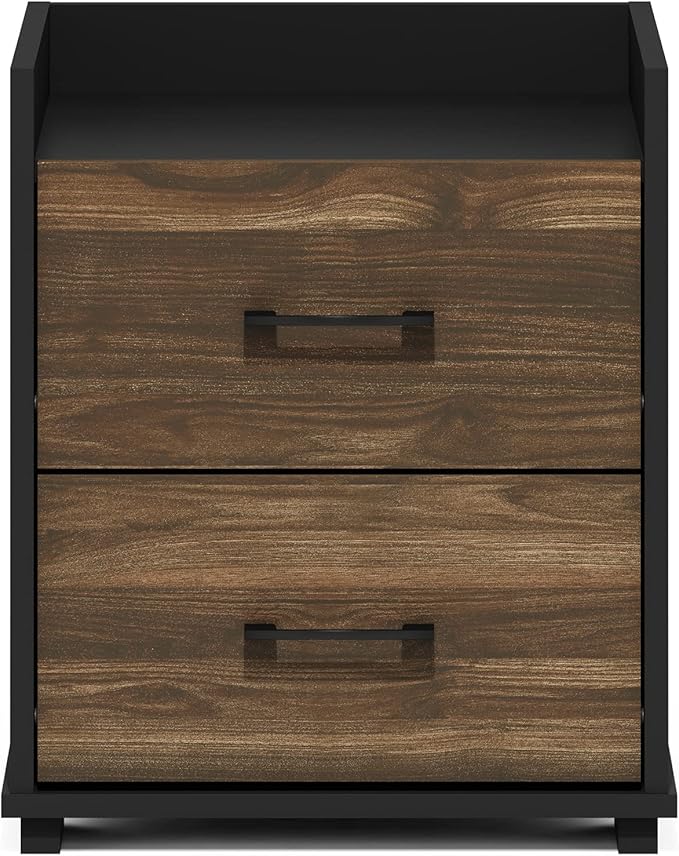 Furinno End Side Night Stand Modern Bedroom Bedside Tables Handle 2 Chest Nightstand, 1-Pack Drawer, Columbia Walnut/Black