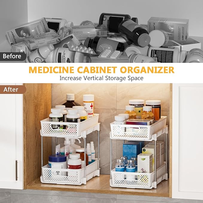 2 Pack Pull Out Bathroom Organizers and Storage, 2 Tier Stackable Under Sink Storage Organizer for Bathroom, Kitchen Cabinet, Pantry, and Medicine Holder, Organization and Storage - White-NeatNest