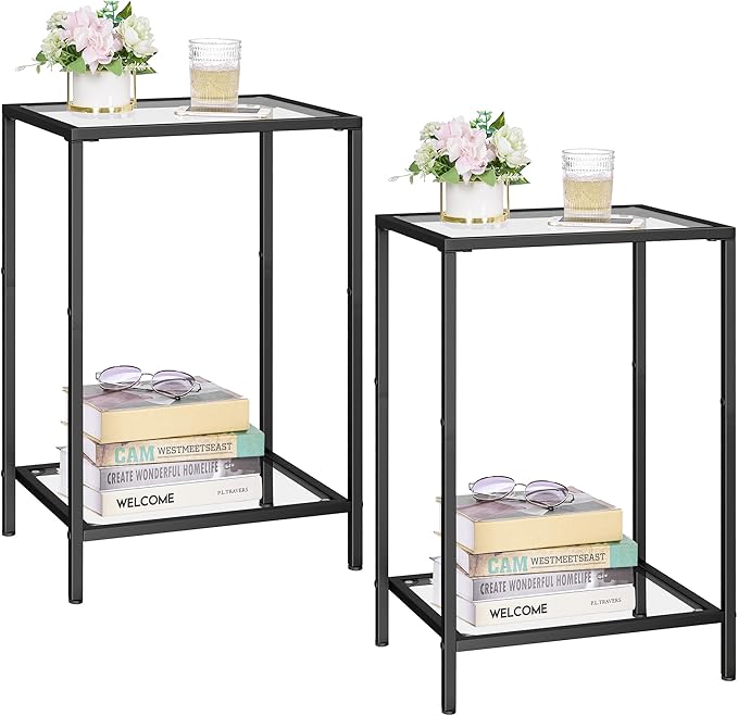 Side Tables Set of 2, End Tables with Tempered Glass, 2-Tier Nightstands with Storage Shelves, Coffee Table with Modern Style, Slim Sofa Table for Living Room, Bedroom, 11.8" D x 15" W, Black