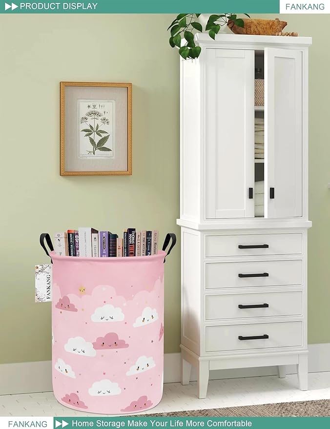 FANKANG Storage Basket, Nursery Hamper Canvas Laundry Basket Foldable with Waterproof PE Coating Large Storage Baskets for Kids Boys and Girls, Office, Bedroom, Clothes,Toys(pink cloud)