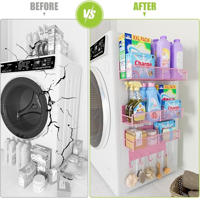 4 Pack Magnetic Shelves for Washing Machine, Heavy-Duty Magnetic Laundry Organizer with Hooks, Washing Machine Shelf for Refrigerator, Metal Storage Baskets, Closet & Laundry Room Organization (Pink)