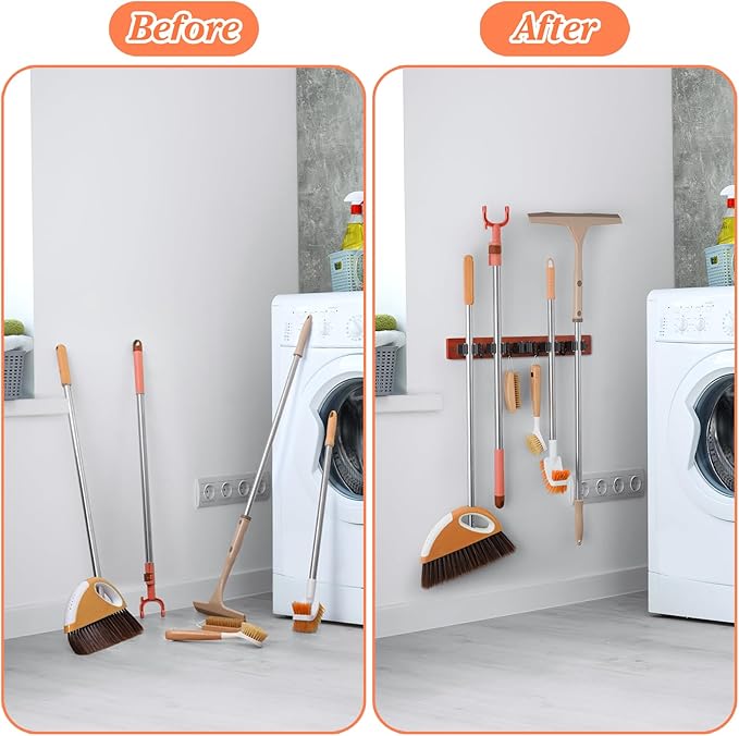 Brown Broom Holder Wall Mount - Heavy Duty Wood Mop and Broom Organizer with 5 Slots & 4 Hooks - Tool Hanger for Laundry Room Closet Kitchen Garage Storage and Organization - for Rusic farmhouse Decor-NeatNest