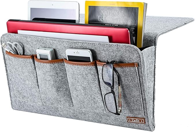 Bedside Caddy, Large Size Storage Organizer with 7 Pockets for Magazine, Remotes, Phone (17.3'' x 18.1'', Light Grey)-NeatNest