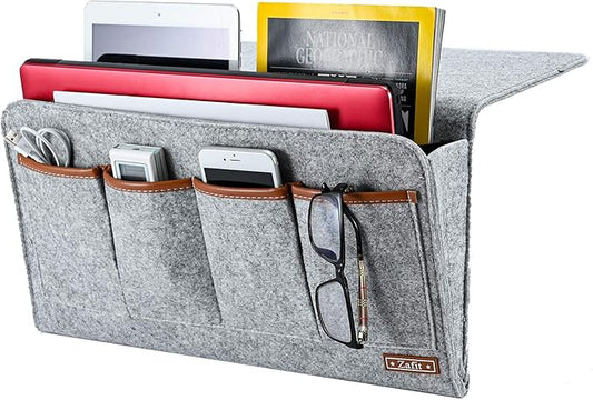 Bedside Caddy, Large Size Storage Organizer with 7 Pockets for Magazine, Remotes, Phone (17.3'' x 18.1'', Light Grey)-NeatNest