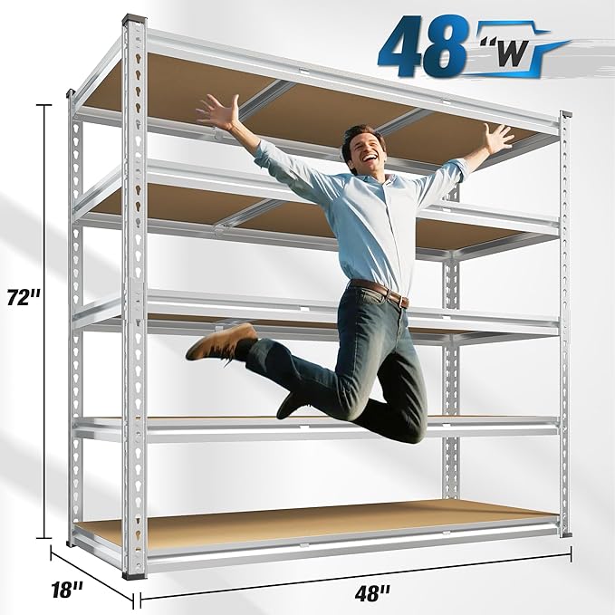 REIBII Garage Shelving, 5 Tier Storage Shelves Load 3000LBS, Adjustable Garage Shelving Heavy Duty, Metal Shelves Unit for Basement, Warehouse, 48" W x 72" H x 18" D, Galvanized-NeatNest