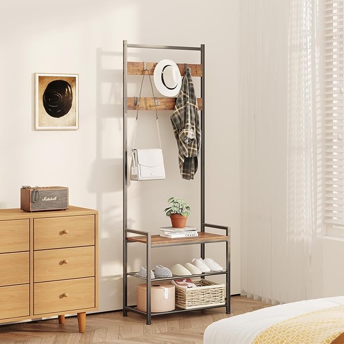 Coat Rack Hall Tree with Shoe Storage, Entryway Hall Tree Storage Bench, Wood Look Accent Furniture with Metal Frame, 3-in-1 Design, Rustic Brown-NeatNest