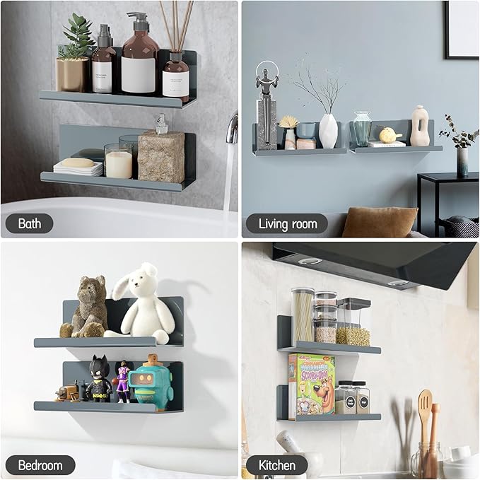 Adhesive Floating Shelves for Wall No Drilling, 12 Inch Acrylic Self Adhesive Shelves, Stick on Shelves, Dorm Wall Shelf, for Bathroom, Kitchen, Bedroom, Office, Gaming Room, Gray-NeatNest