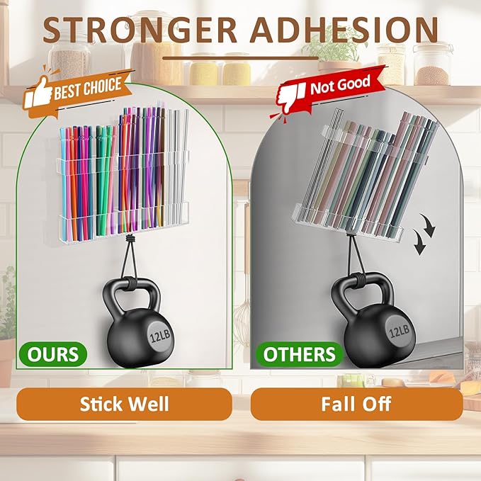 9.8” Acrylic Straw Holder with Double Sided Adhesive Tape Reusable Tumbler Straw Organizer Storage Container for Counter Cabinet Cupboard Kitchen(Large)