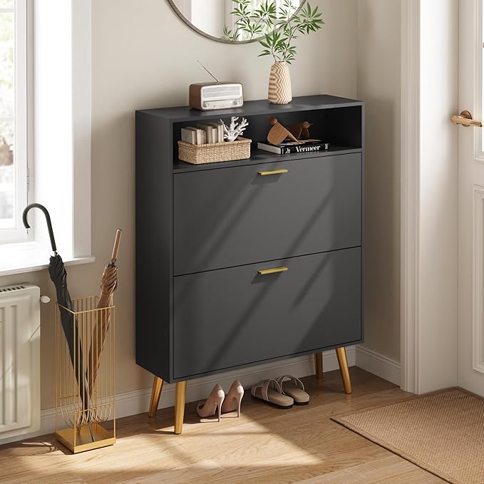 Entryway Shoe Cabinet, Black Shoe Storage Cabinet with 2 Flip Doors and Shelf, Narrow Hidden Shoe Organizer Cabinet Slim, Freestanding Shoe Rack for Entryway, Black-NeatNest