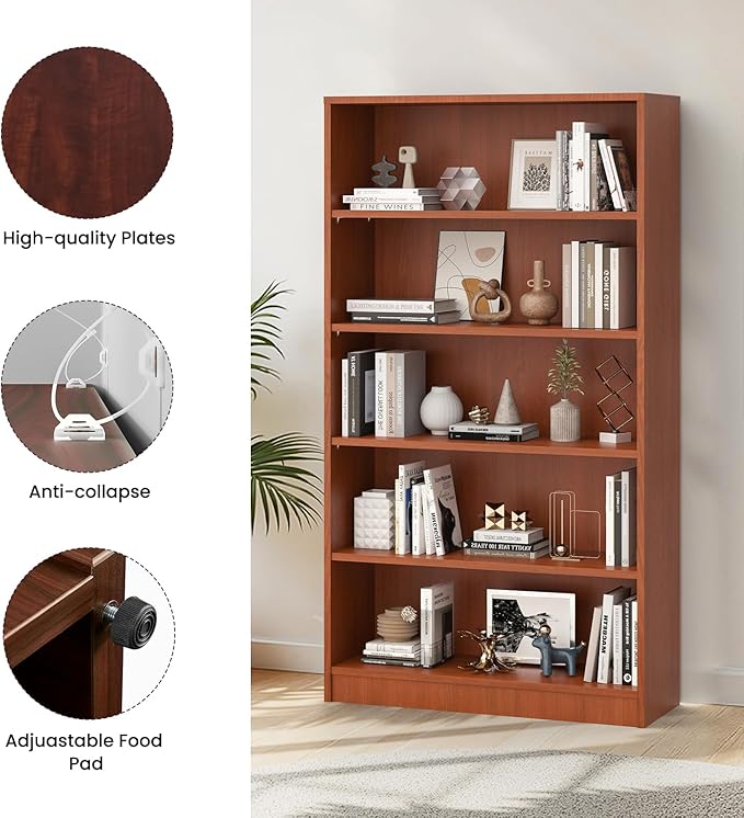 Farini 60 Inch Tall 5-Shelf Bookcase, Wood Bookshelf Storage Organizer Adjustable Shelf for Home Office, Study Room, Easy Assembly,Cherry