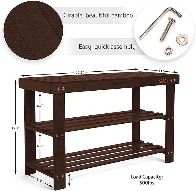 Homemaid Living Bamboo 3 Tier Shoe Rack Bench, Premium Shoe Organizer or Entryway Bench, Perfect for Shoe Cubby, Entry Bench, Bathroom Bench, Entryway Organizer, Hallway or Living Room(Brown)-NeatNest