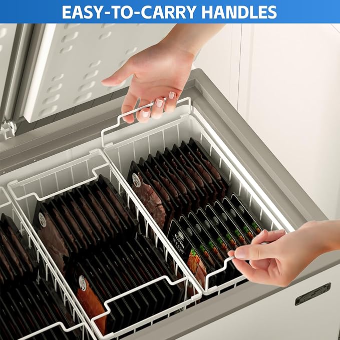 4 Pack Freezer Organizer Bins(14.6‘’L X 7.1‘’W X 5.2‘’H) for 7 Cu.FT Chest Deep Freezer Sort Frozen Meats | Deep Freezer Organizer Bins Get Food Easily w/Handle(White)