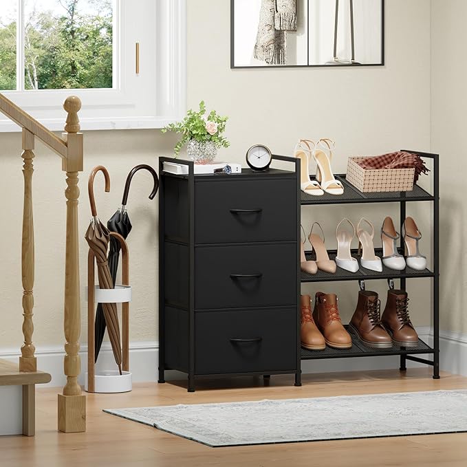 Somdot Shoe Rack, 3 Tier Shoe Organizer with 3 Drawers, Metal Shoe Storage Shelf for 6-9 Pairs of Shoes, Narrow Shoe Rack for entryway, Black-NeatNest