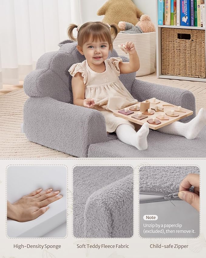 Blissful Diary Foldable Toddler Couch, 2-in-1 Comfy Toddler Chair & Lounger for Reading, Nap, Playroom, Kids Couch Sofa for 1 2 3+ Year Old Girls Boys Baby Birthday Gift, Gray Shell-NeatNest