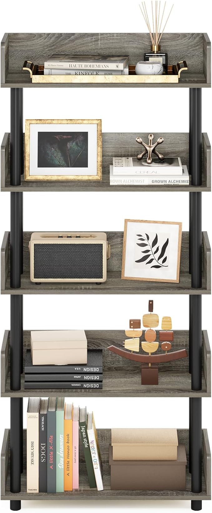 Furinno Turn-N-Tube 5-Tier Toolless Display Rack, French Oak/Black-NeatNest