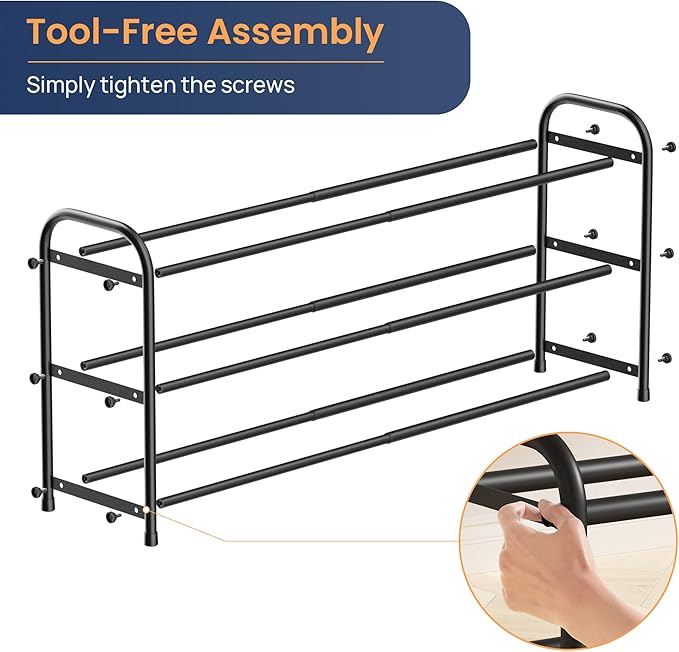 ENJOYBASICS Expandable Shoe Rack, 3 Tier Adjustable Shoe Organizer Shelf for Closet, Black Metal Free Standing Shoe Rack Storage for Small Space, Entryway-NeatNest