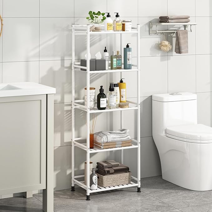 5 Tier Bathroom Storage Open Shelf Unit, Free-Standing Metal Corner Rack Shelving for Kitchen, Living Room, Hallway (White, Wider 5 Tier)-NeatNest