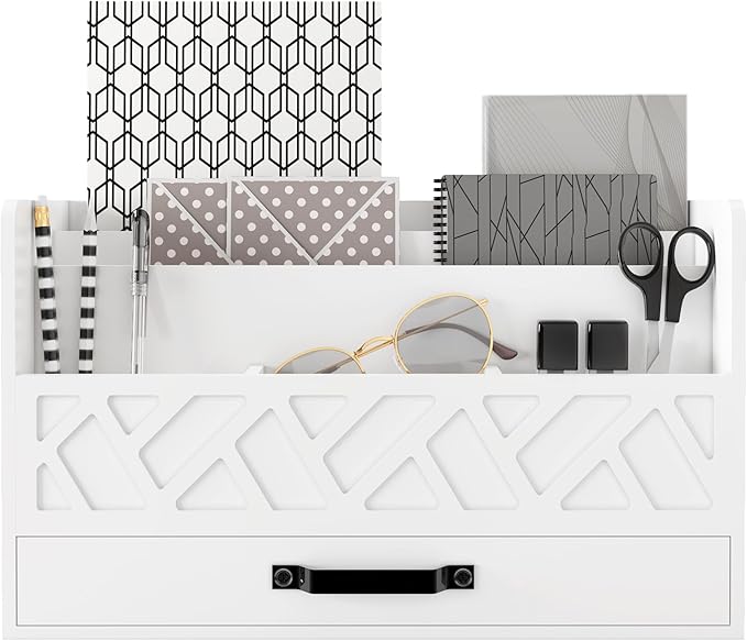 Bamboo Mail Organizer Countertop Wood Desk Organizer Drawer Tabletop Storage Box Letter Sorter Makeup Organizer for School Home Office Supplies White-NeatNest