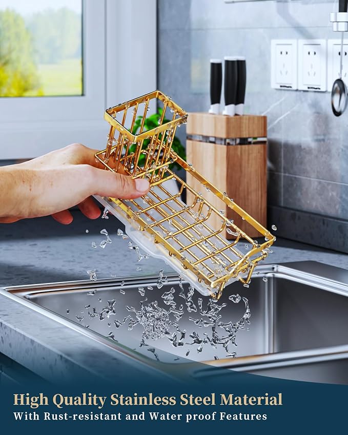Consumest Sink Caddy, Kitchen Sponge Holder with Dish Brush Holder, Kitchen Sink Organizer with Drip Tray for Countertop, Stainless Steel Rustproof - Gold-NeatNest