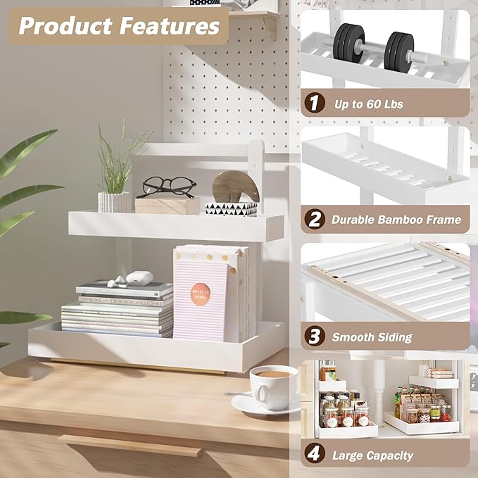 Bamboo Under Sink Organizer and Storage, 2 Tier Pull Out Cabinet Organizer, Slide Out Under Sink Storage Shelf, Undersink Organizers Shelves for Kitchen Bathroom Organization (White, 1 Pack)-NeatNest
