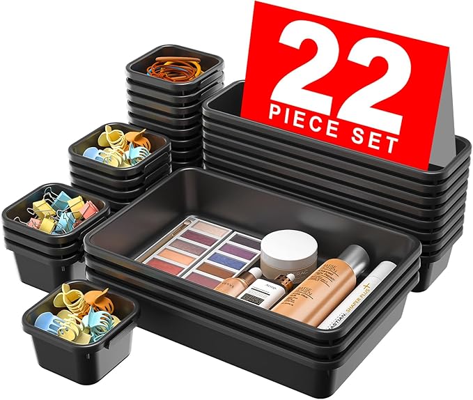 【𝟮𝟮𝗣𝗖𝗦】A-LUGEI Plastic Black Desk Drawer Organizer, Bathroom Organizers and Storage, Makeup Organizer, Organization and Storage Bin Container for Vanity Office Utensils Tool Pantry Cosmetic-NeatNest