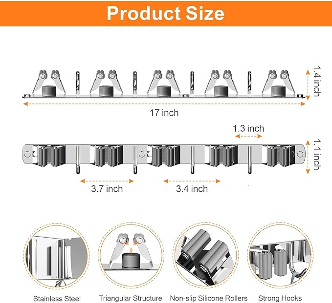 Broom and Mop Organizer Wall Hanging, Upgraded Mop and Broom Holder Wall Mount, Stainless Steel Broom Hanger Wall Mount for Laundry Room Organization and Storage(5 Racks with 4 Hooks)-NeatNest