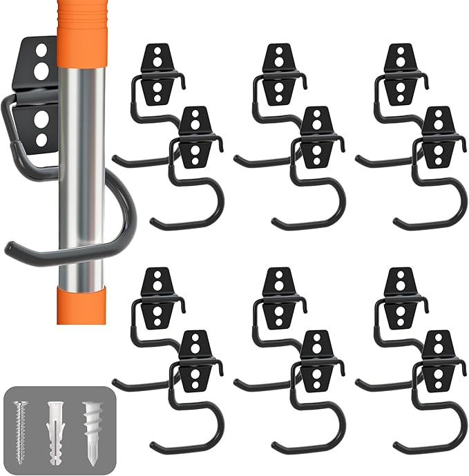 LIGHT DUST Broom Holder Wall Mount - 12 Pack Tool Hangers Garage Wall Hanging Organizer - Heavy Duty Metal Large S Hooks for Mop Shovel Rake Shed Garden Lawn Yard Handle Tools Organization (Black)-NeatNest