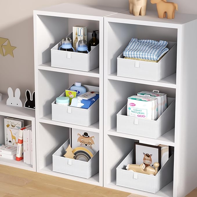 DIMJ Closet Storage Bins 6 Pack - Fabric Trapezoid Organizer Bin, Foldable Storage Baskets for Shelves, Closet Shelf Organizer, Clothing Storage Box for Toys, Books, Towel, Clothes, White-NeatNest