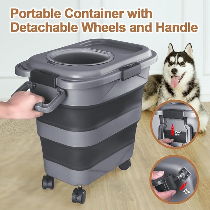 Dog Food Storage Container,10-20 lbs Airtight Collapsible Cat Food Storage Container with Attachable Wheels, Portable Handle, Dog Food Scoop for Dog Cat Bird Pet Dry Food Storage Bin-NeatNest