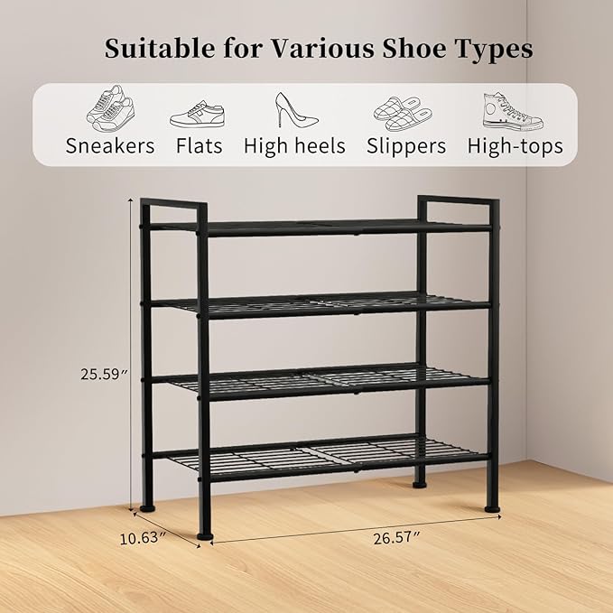 Simple 4 Tier Shoe Rack,Metal Stackable Shoe Storage Organizer for Closet,Entryway, Bedroom, Black (Black, 4-Tier)-NeatNest