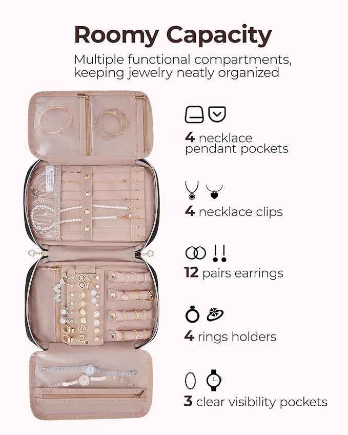 BAGSMART Jewelry Organizer Bag Travel Jewelry Storage Cases for Necklace, Earrings, Rings, Bracelet, Black-NeatNest
