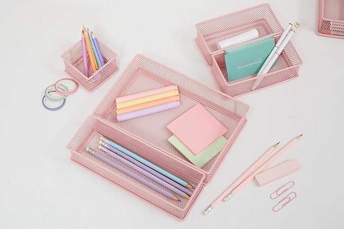 Annova Mesh Stackable Drawer Cabinet and Shelf Organizer Bins Storage Basket School Office Supply Holder Tray- Set of 2 (Light Pink, 3x12x2 Inch)-NeatNest