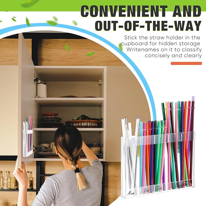Acrylic Straw Holder for Cabinet Door with Double Sided Adhesive Tape Reusable Straw Organizer Tumbler Storage Kitchen Accessories Container for Counter Cupboard(Classic,Large,Transparent)