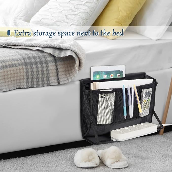 Bedside Caddy Bedside Storage Organizer Bedside Organizer with Power Strip Holder and 2 Adjustable Straps for Home Bunk Bed College Dorm Sofa (2 Pack Black)-NeatNest