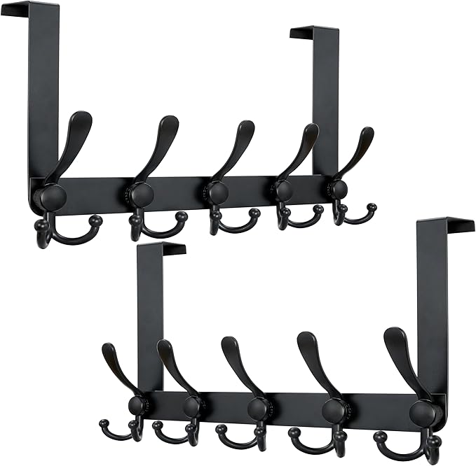Dseap Over Door Hook 2.0 - Upgraded Version - Simple-Assembly, Strong, Heavy-Duty Stainless Steel 5-Tri-Hook Over The Door Hanger Rack, SimpleStrong Series, Black, Pack of 2