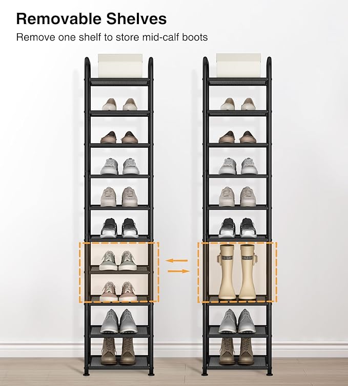 STO STO 10-Tier Narrow Shoe Rack with Sturdy Mesh Shelves, Slim Tall Metal Shoe Organizer for Entryway, Closet, Hallway, Holds 10 Pairs, Vertical Free Standing Shoe Storage Shelf, Black-NeatNest