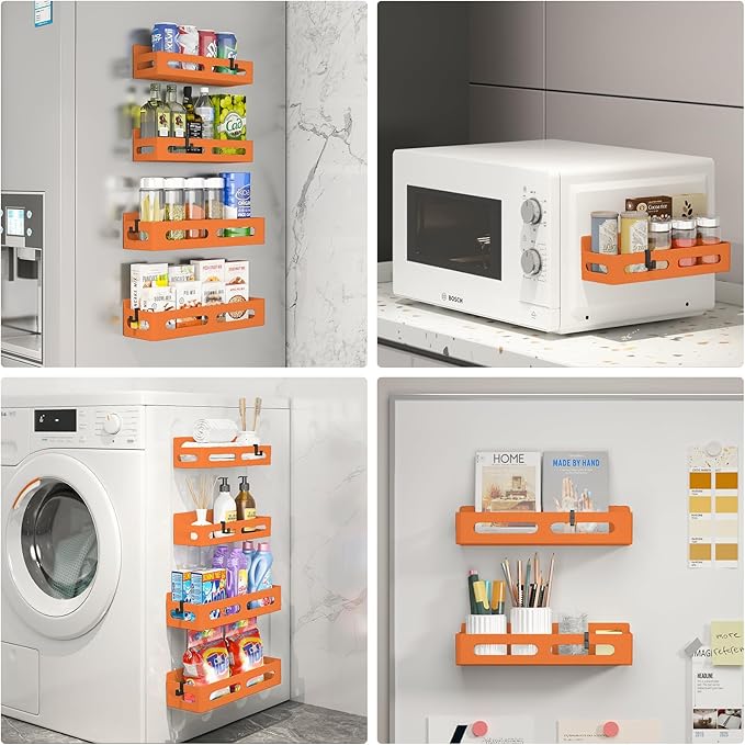 4 Pack Magnetic Spice Rack for Refrigerator, Spice Rack Organizer, Moveable Magnetic Shelf Fridge Organizer with 4 Hooks for Kitchen and Oven Organization, Orange
