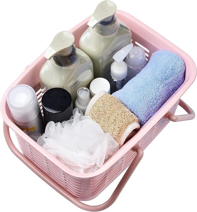 ALINK Plastic Shower Caddy Basket with Handle, Portable Organizer Storage Basket for College Dorm, Bathroom, Kitchen - Pink