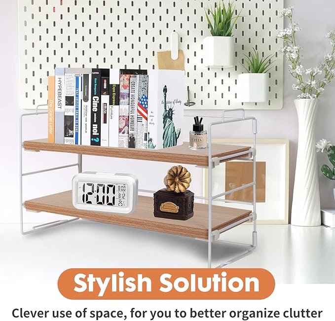 ShellKingdom Display Shelf for Figures, 2 Tier Desk Shelf Organizer, Desktop Shelves, Adjustable Bookshelf Storage Rack and Office Cubicle Decor for Tabletop, Office, Dorm (White Frame + Wood Board)-NeatNest