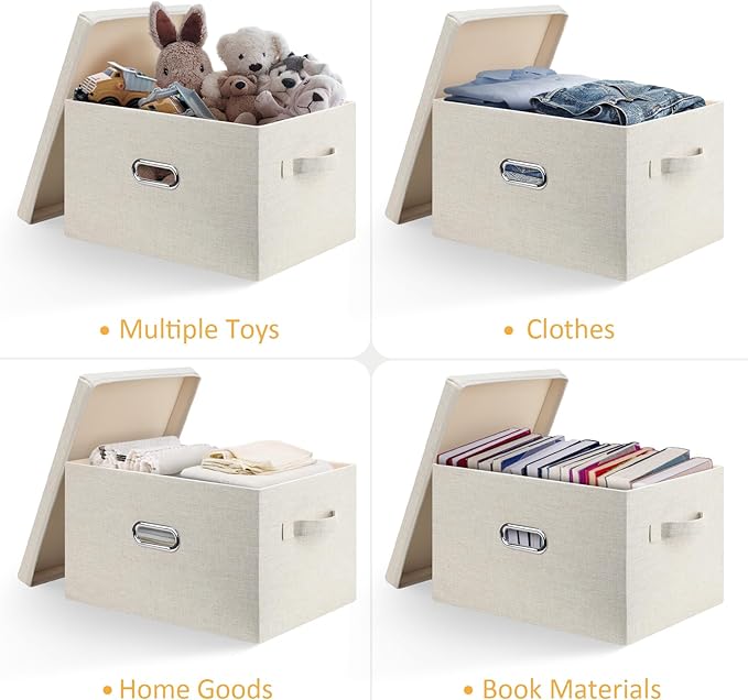 Bellzacasa Collapsible Storage Bins with Lids, 3 Pack Linen Fabric Foldable Storage Bin Cube with Handles, Toy Storage Baskets Box Closet Organizers and Storage Containers, Beige, 14.6x10.5x8.5