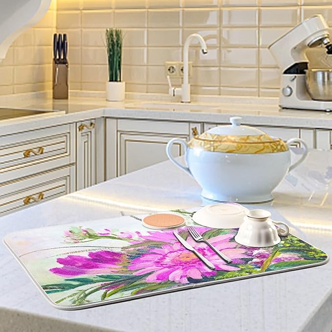 Absorbent Dish Drying Mat for Kitchen Counter - Oil Painting Flowers Microfiber Drying Pad, Reversible Drainer Mats for Countertop, Large 18" x 24"
