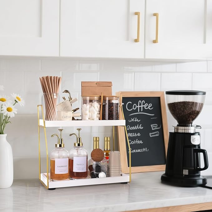 DWTS Bathroom Counter Organizer,Coffee Bar Accessories,2 Tier Bathroom Organizers and Storage Countertop Organizer,Ideal for Makeup Organizers,Perfume Organizers,VanityOrganizer(White/Gold)