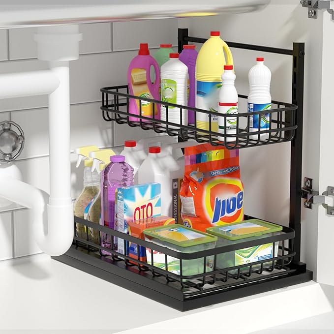 Under Sink Organizer, Adjustable Height Pull-Out Kitchen Storage Organization,15.8" x 11.8" x 16.5",2-Tier Kitchen Shelf,Bathroom Drawer Organizer, Black-NeatNest