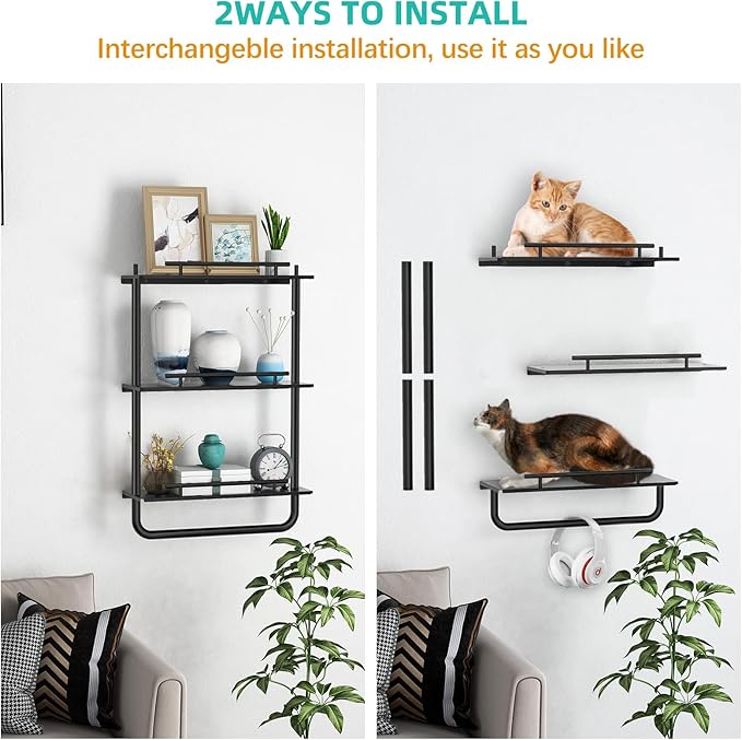 Floating Shelves, 3 Tier Wall Mounted Metal Floating Shelves Black with Frame and Towel Rack for Bathroom, Living Room, Bedroom, Kitchen
